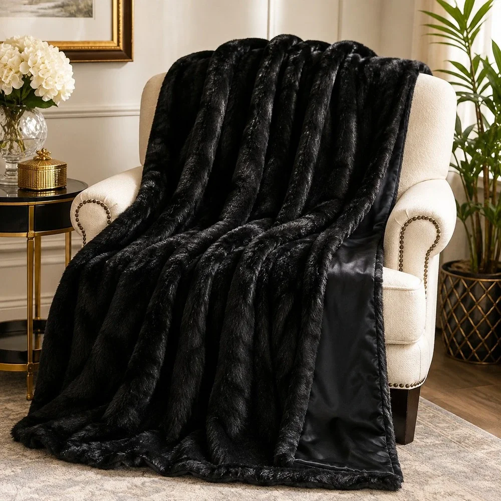 Vtg Monterey Mills Mon Ami Lap Throw Blanket Black Faux Fur Ribbed Vintage Style
